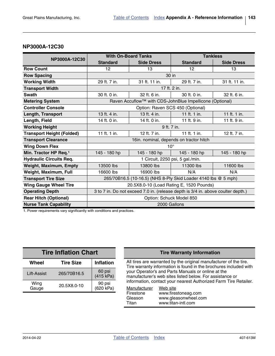 Np3000a-12c30, Tire inflation chart, Or proper inflation. see “ tire | Great Plains NP3000A Operator Manual User Manual | Page 147 / 188
