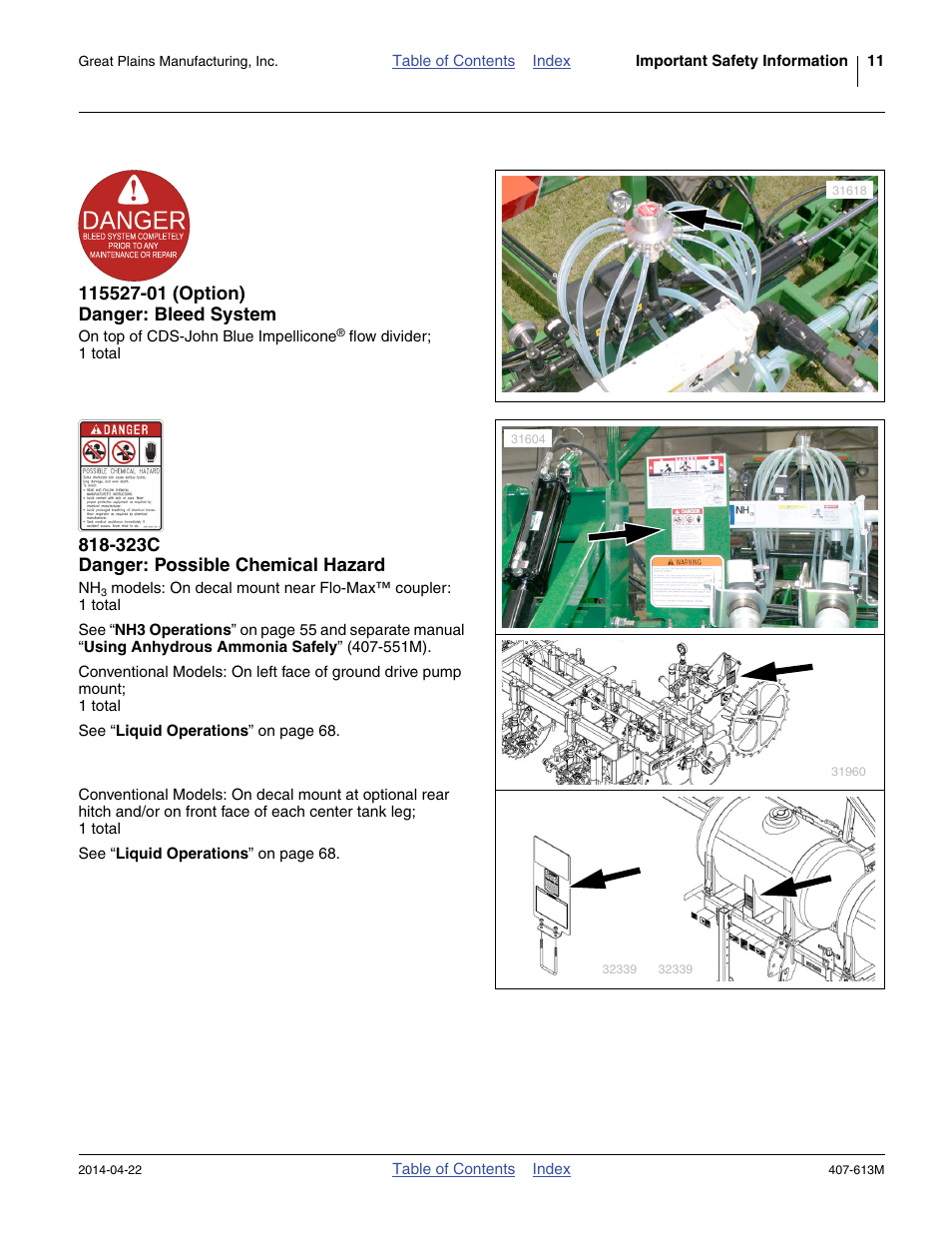115527-01 (option) danger: bleed system, 323c danger: possible chemical hazard | Great Plains NP3000A Operator Manual User Manual | Page 15 / 188