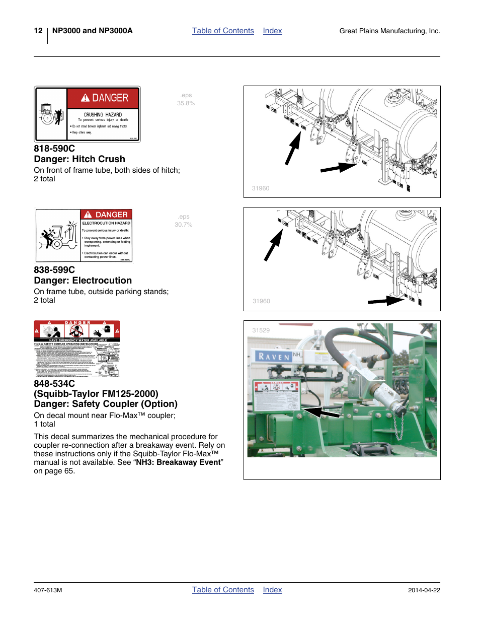 590c danger: hitch crush, 599c danger: electrocution | Great Plains NP3000A Operator Manual User Manual | Page 16 / 188