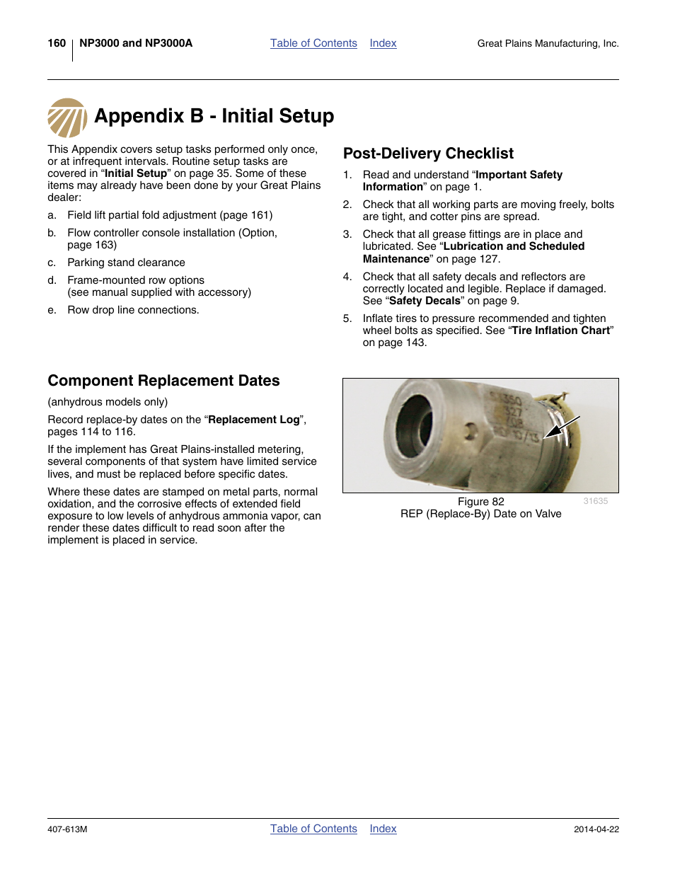Appendix b - initial setup, Post-delivery checklist, Component replacement dates | Appendix b - initial setup post-delivery checklist | Great Plains NP3000A Operator Manual User Manual | Page 164 / 188
