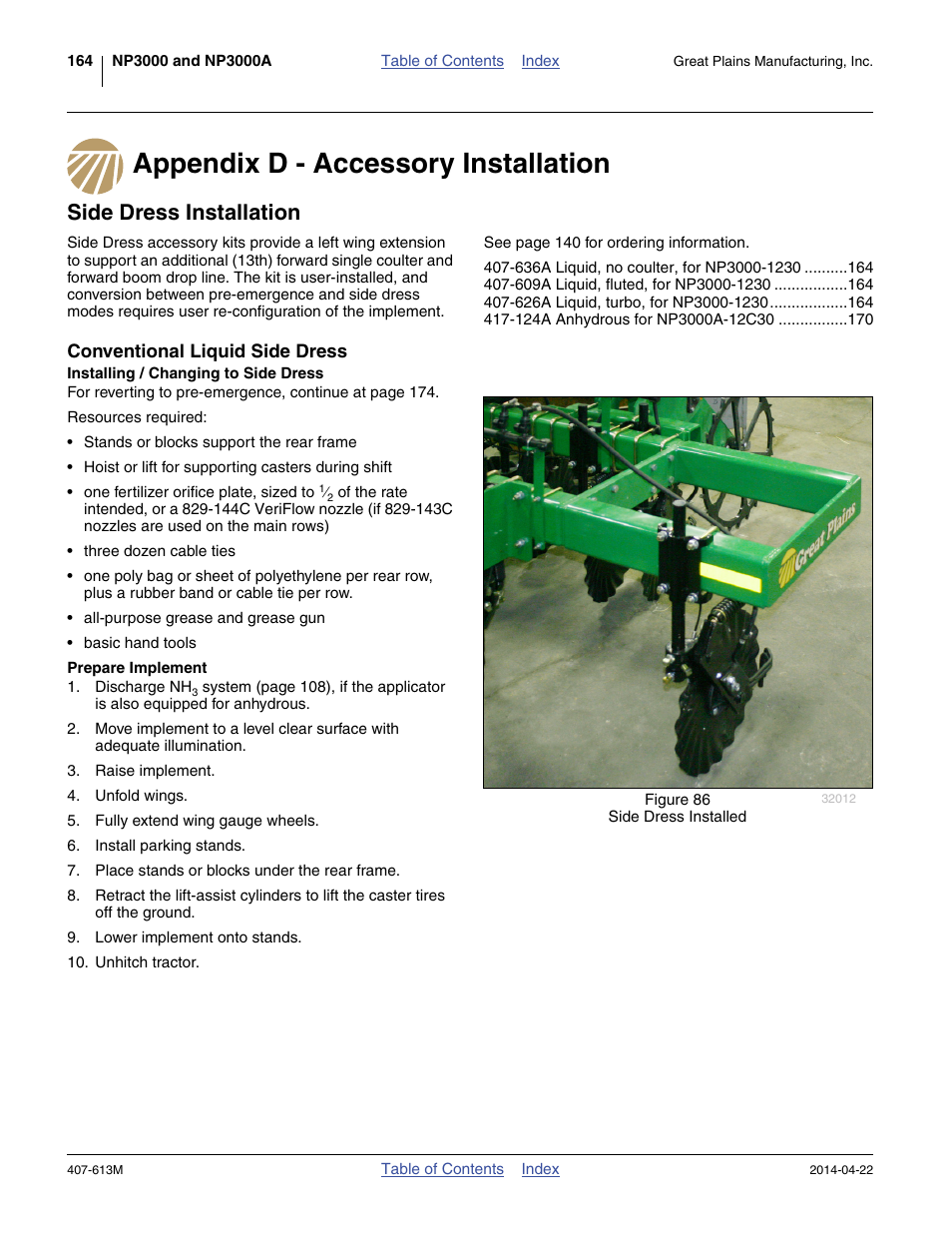 Appendix d - accessory installation, Side dress installation, Conventional liquid side dress | Installing / changing to side dress, Prepare implement | Great Plains NP3000A Operator Manual User Manual | Page 168 / 188
