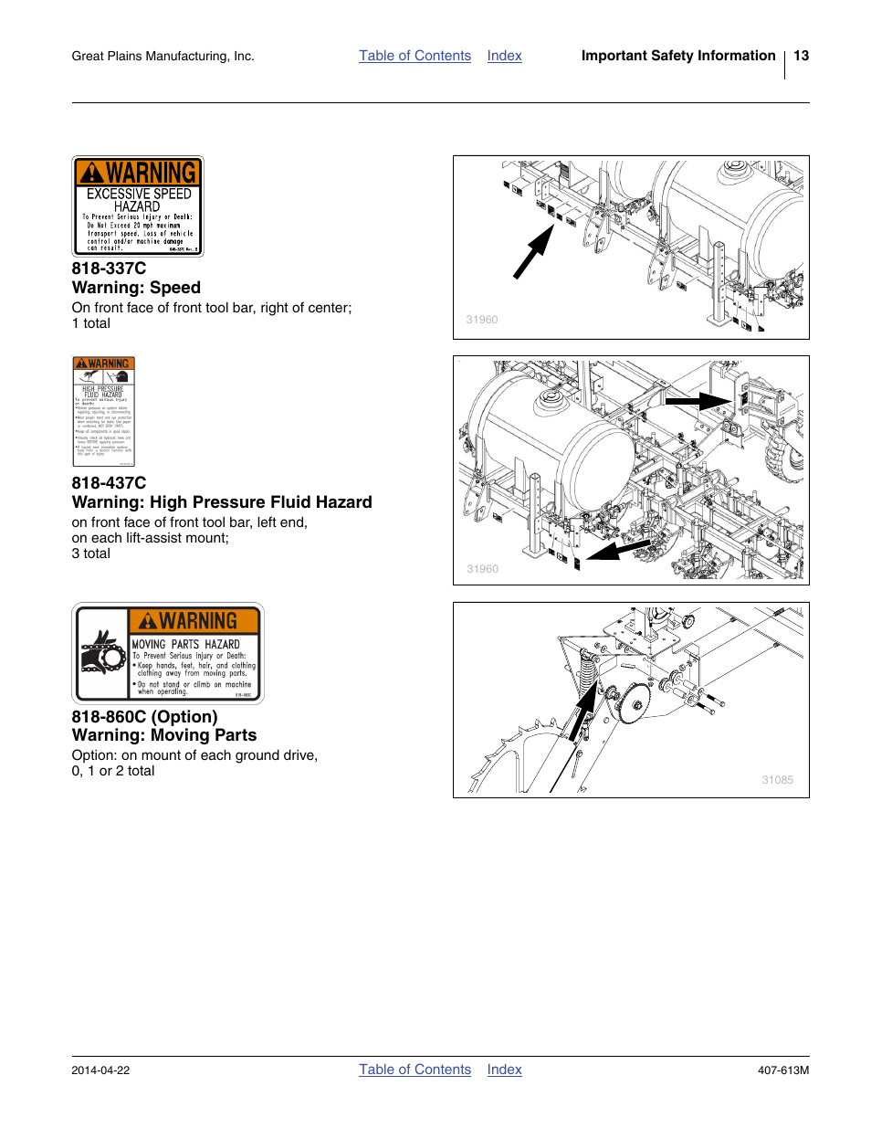 337c warning: speed, 437c warning: high pressure fluid hazard, 860c (option) warning: moving parts | Great Plains NP3000A Operator Manual User Manual | Page 17 / 188