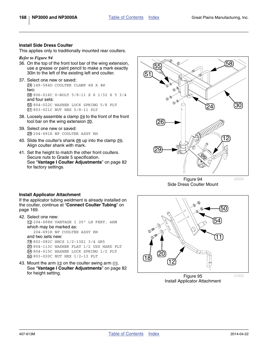 Install side dress coulter, Install applicator attachment, Ue at “ install applicator attachment ” on | Great Plains NP3000A Operator Manual User Manual | Page 172 / 188