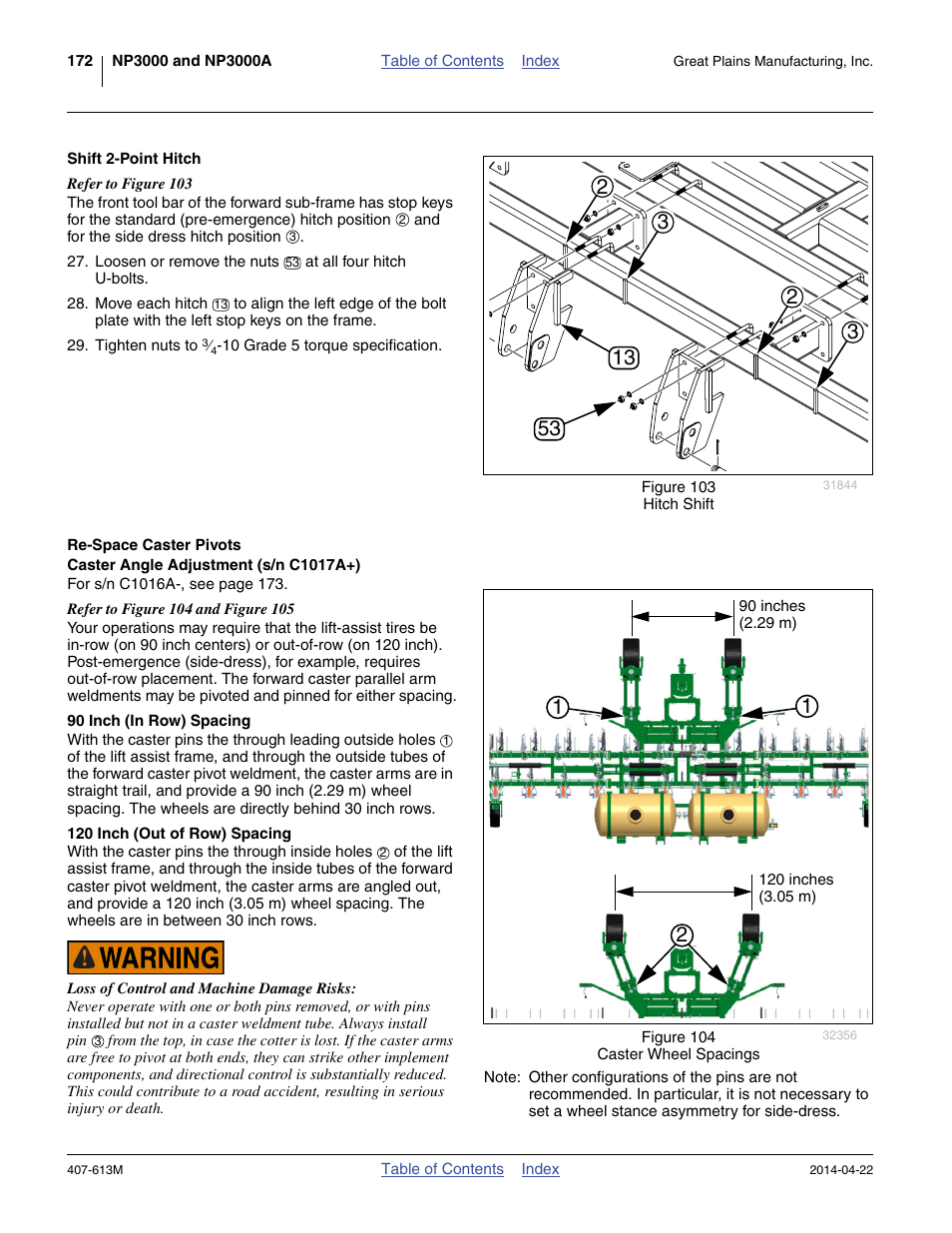 Shift 2-point hitch, Re-space caster pivots, Caster angle adjustment (s/n c1017a+) | 90 inch (in row) spacing, 120 inch (out of row) spacing | Great Plains NP3000A Operator Manual User Manual | Page 176 / 188