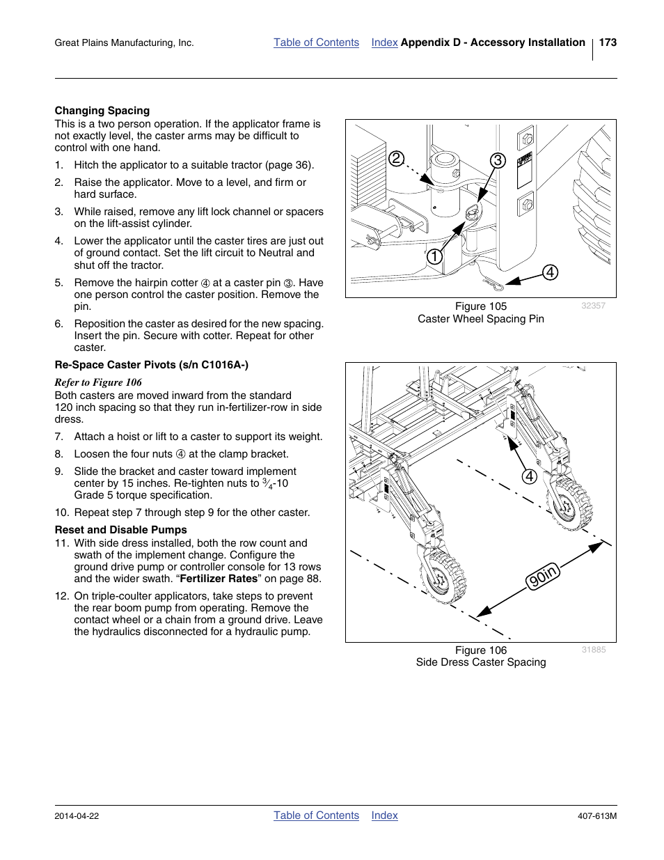 Changing spacing, Re-space caster pivots (s/n c1016a-), Reset and disable pumps | 90in 4 | Great Plains NP3000A Operator Manual User Manual | Page 177 / 188