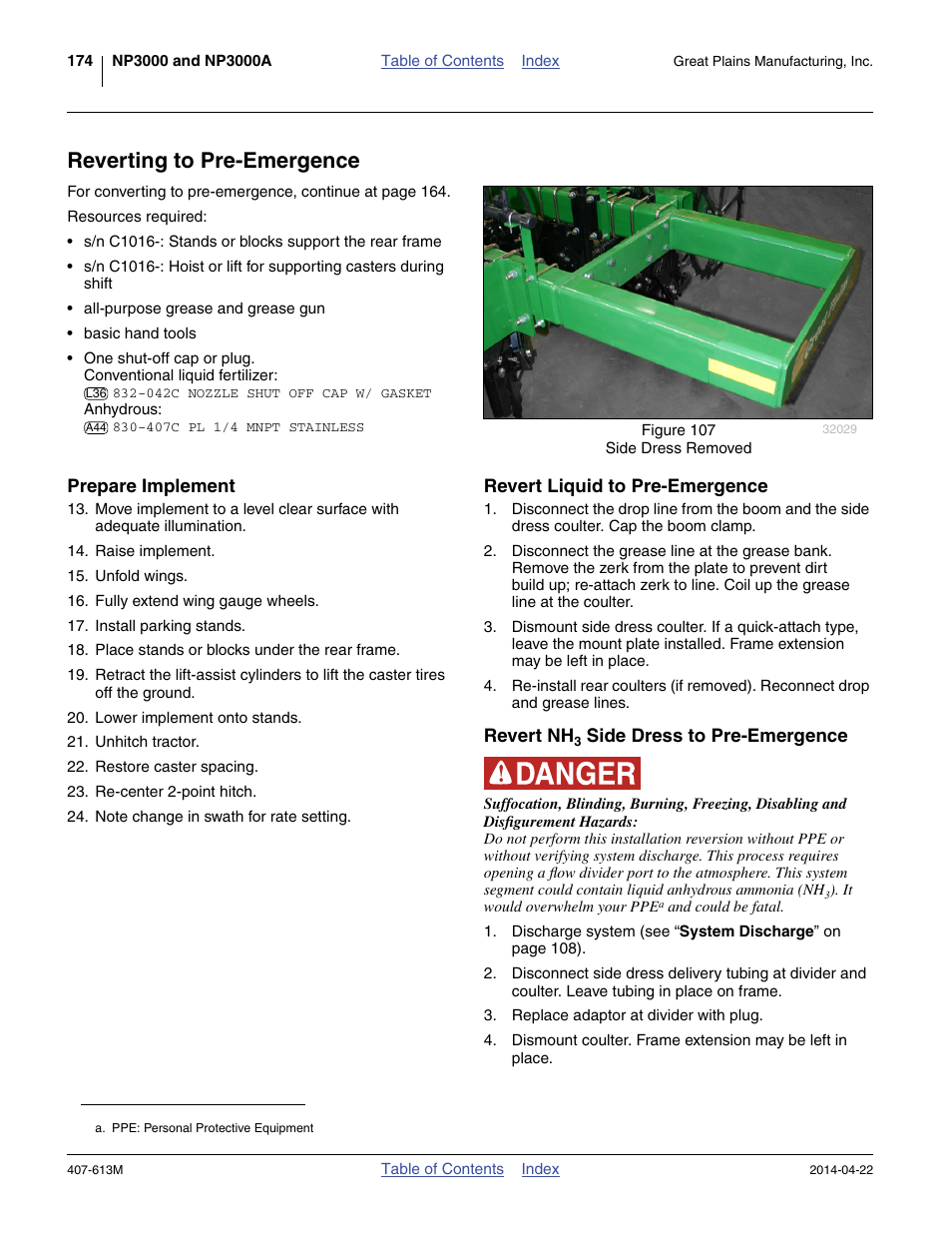 Reverting to pre-emergence, Prepare implement, Revert liquid to pre-emergence | Revert nh3 side dress to pre-emergence | Great Plains NP3000A Operator Manual User Manual | Page 178 / 188