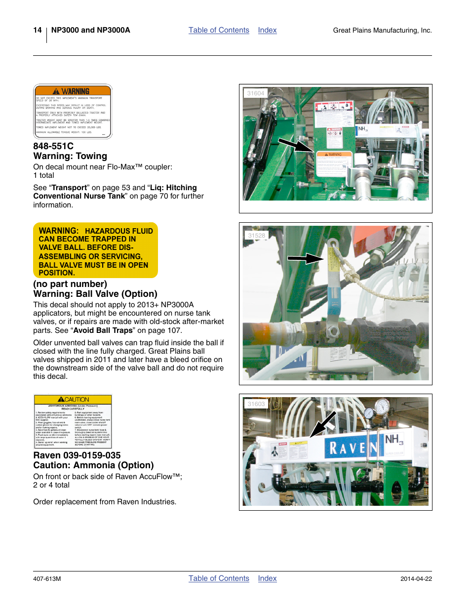 551c warning: towing, No part number) warning: ball valve (option), Raven 039-0159-035 caution: ammonia (option) | Great Plains NP3000A Operator Manual User Manual | Page 18 / 188