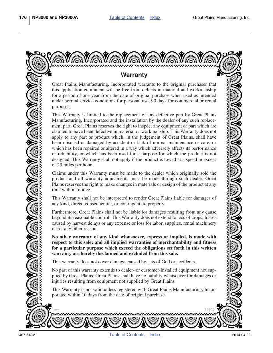 Warranty | Great Plains NP3000A Operator Manual User Manual | Page 180 / 188