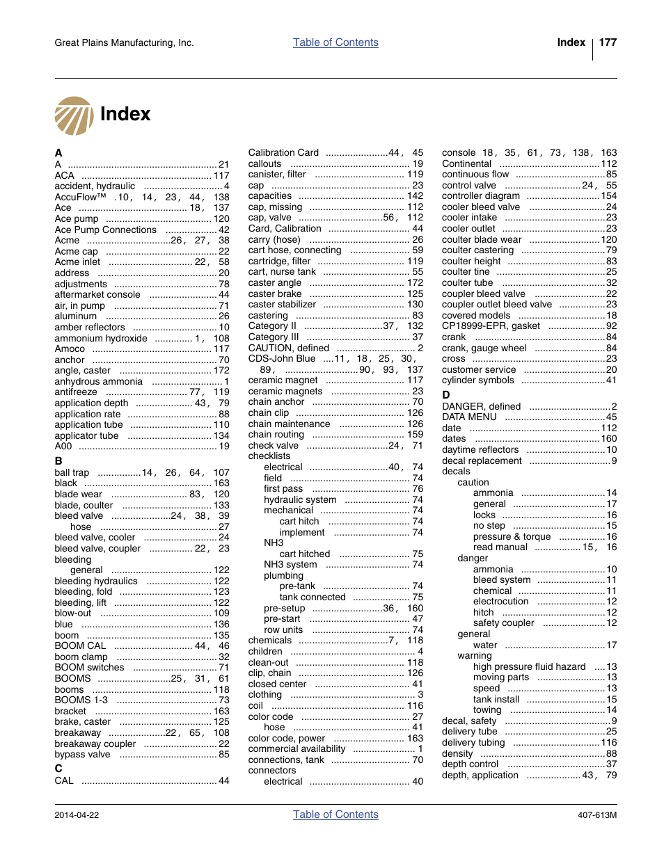 Index | Great Plains NP3000A Operator Manual User Manual | Page 181 / 188