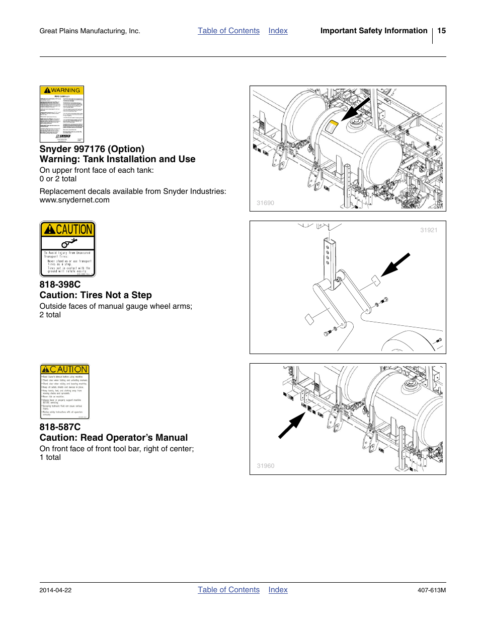 398c caution: tires not a step, 587c caution: read operator’s manual | Great Plains NP3000A Operator Manual User Manual | Page 19 / 188