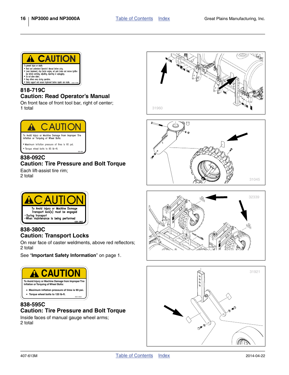 719c caution: read operator’s manual, 092c caution: tire pressure and bolt torque, 380c caution: transport locks | 595c caution: tire pressure and bolt torque, Caution | Great Plains NP3000A Operator Manual User Manual | Page 20 / 188