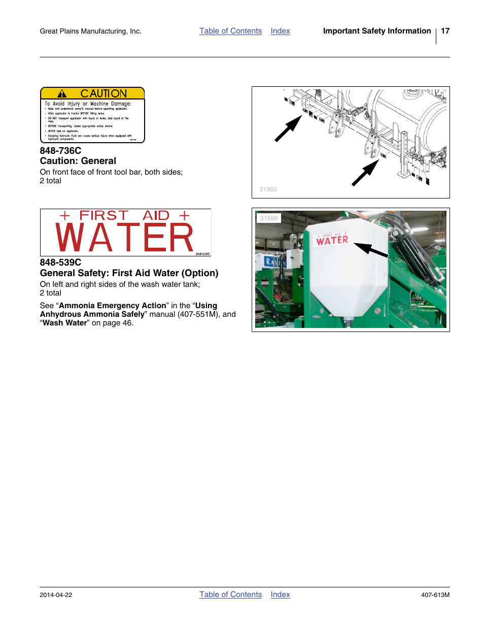 736c caution: general, 539c general safety: first aid water (option) | Great Plains NP3000A Operator Manual User Manual | Page 21 / 188