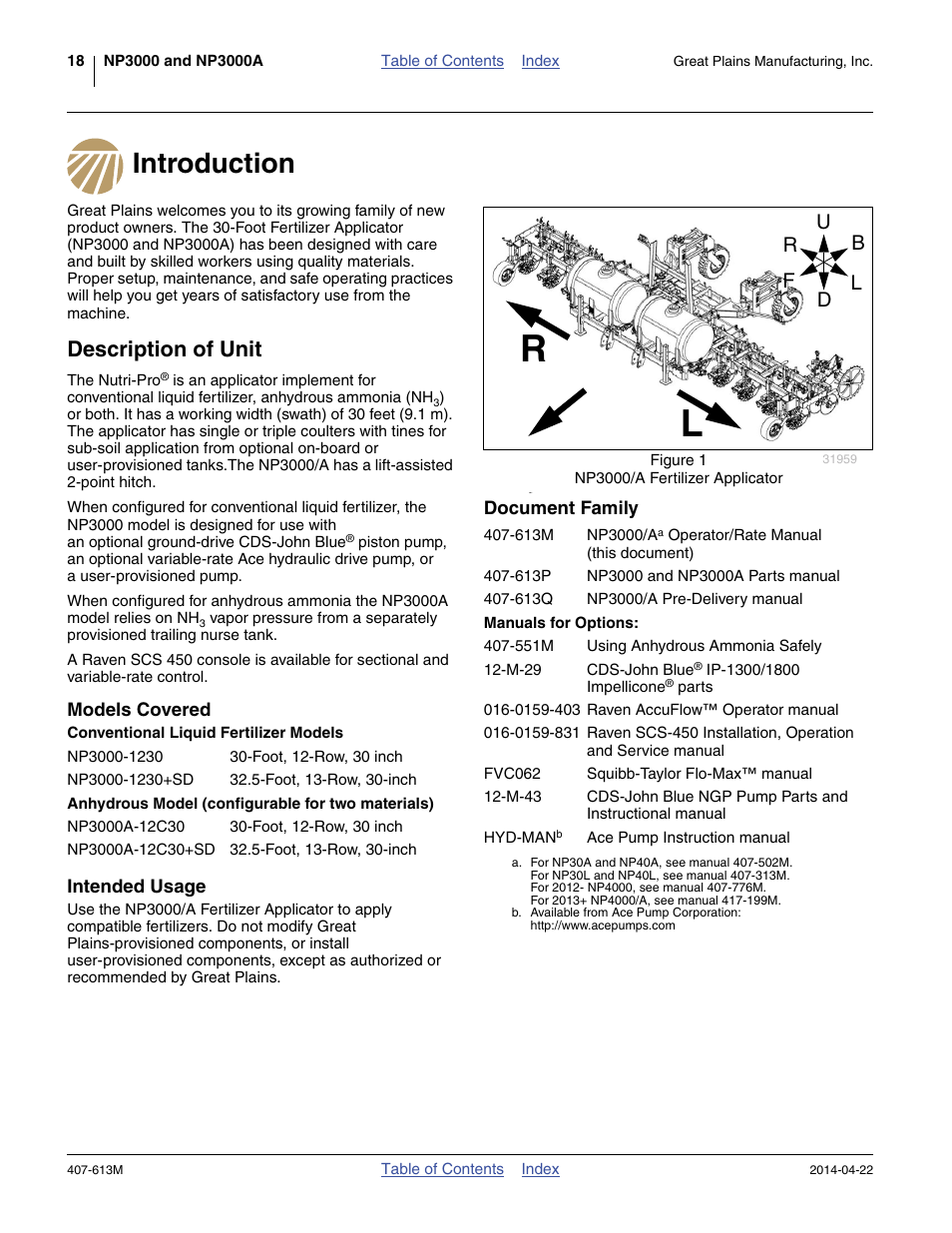 Introduction, Description of unit, Models covered | Intended usage, Document family, Manuals for options, Introduction description of unit, Models covered intended usage document family | Great Plains NP3000A Operator Manual User Manual | Page 22 / 188