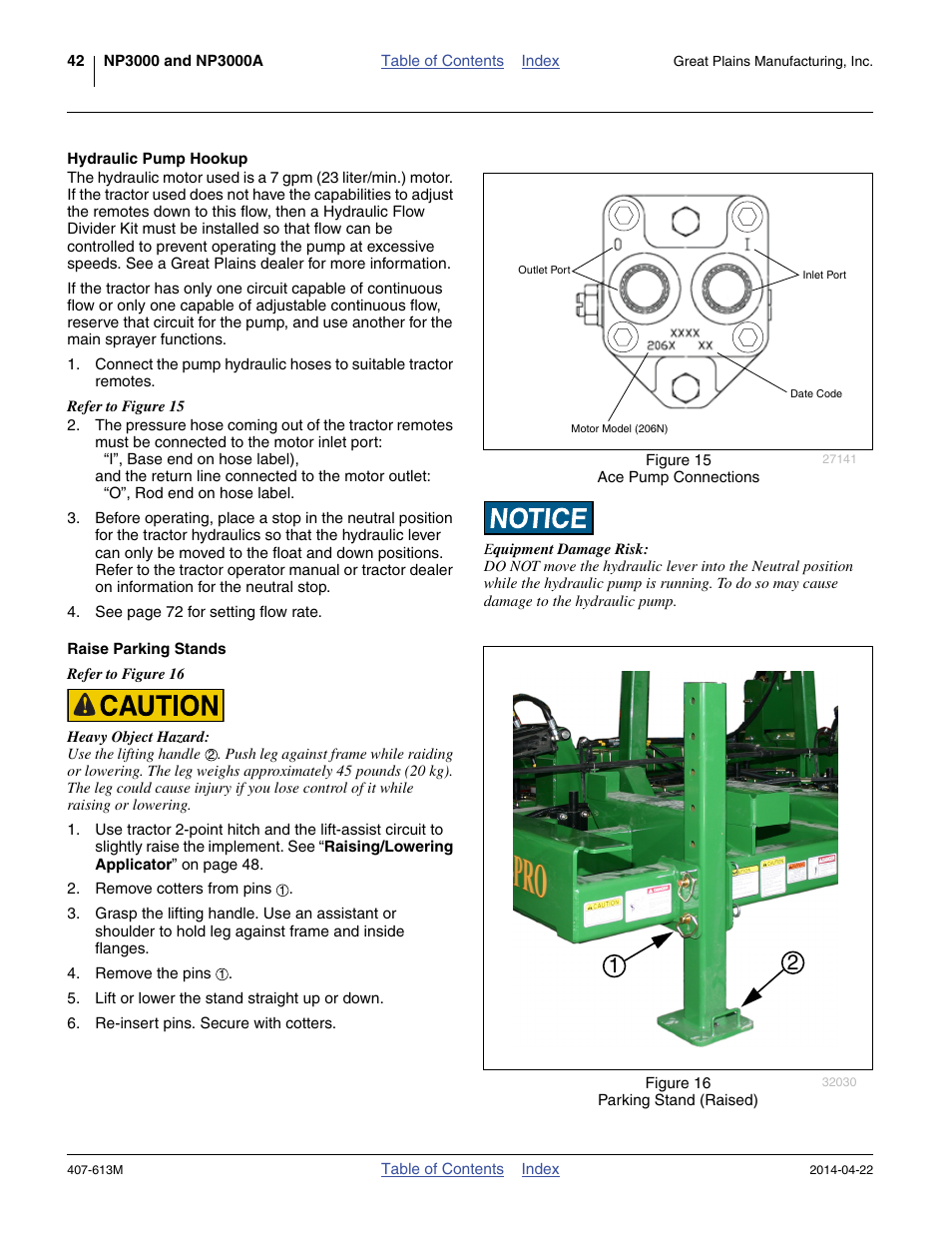Hydraulic pump hookup, Raise parking stands, Hydraulic pump hookup raise parking stands | Great Plains NP3000A Operator Manual User Manual | Page 46 / 188