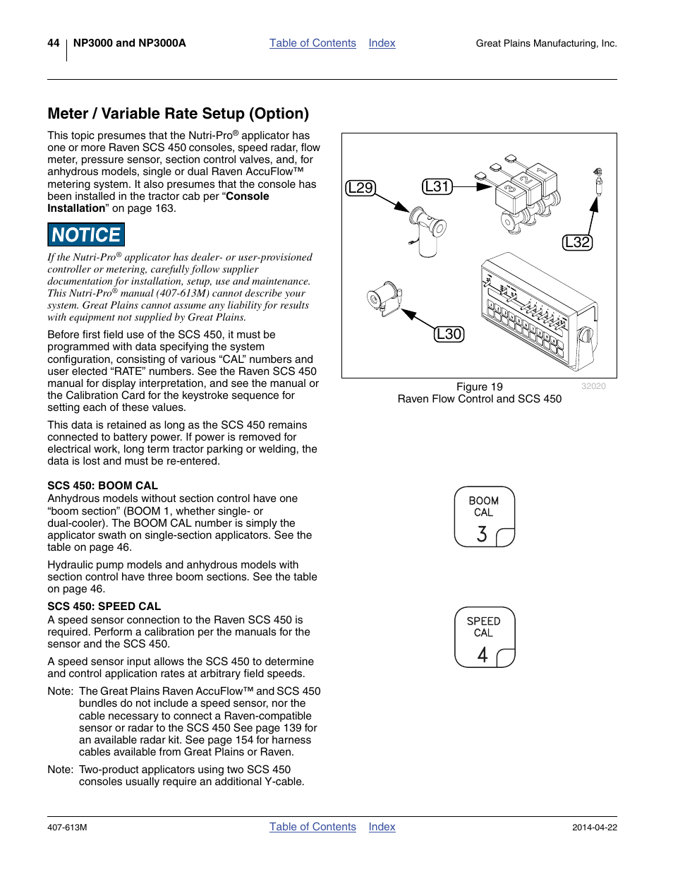 Meter / variable rate setup (option), Scs 450: boom cal, Scs 450: speed cal | Great Plains NP3000A Operator Manual User Manual | Page 48 / 188