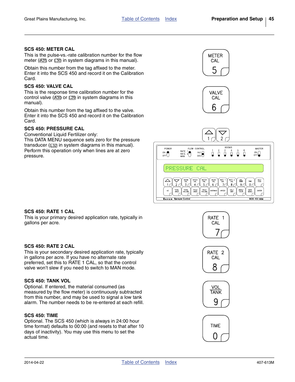 Scs 450: meter cal, Scs 450: valve cal, Scs 450: pressure cal | Scs 450: rate 1 cal, Scs 450: rate 2 cal, Scs 450: tank vol, Scs 450: time | Great Plains NP3000A Operator Manual User Manual | Page 49 / 188