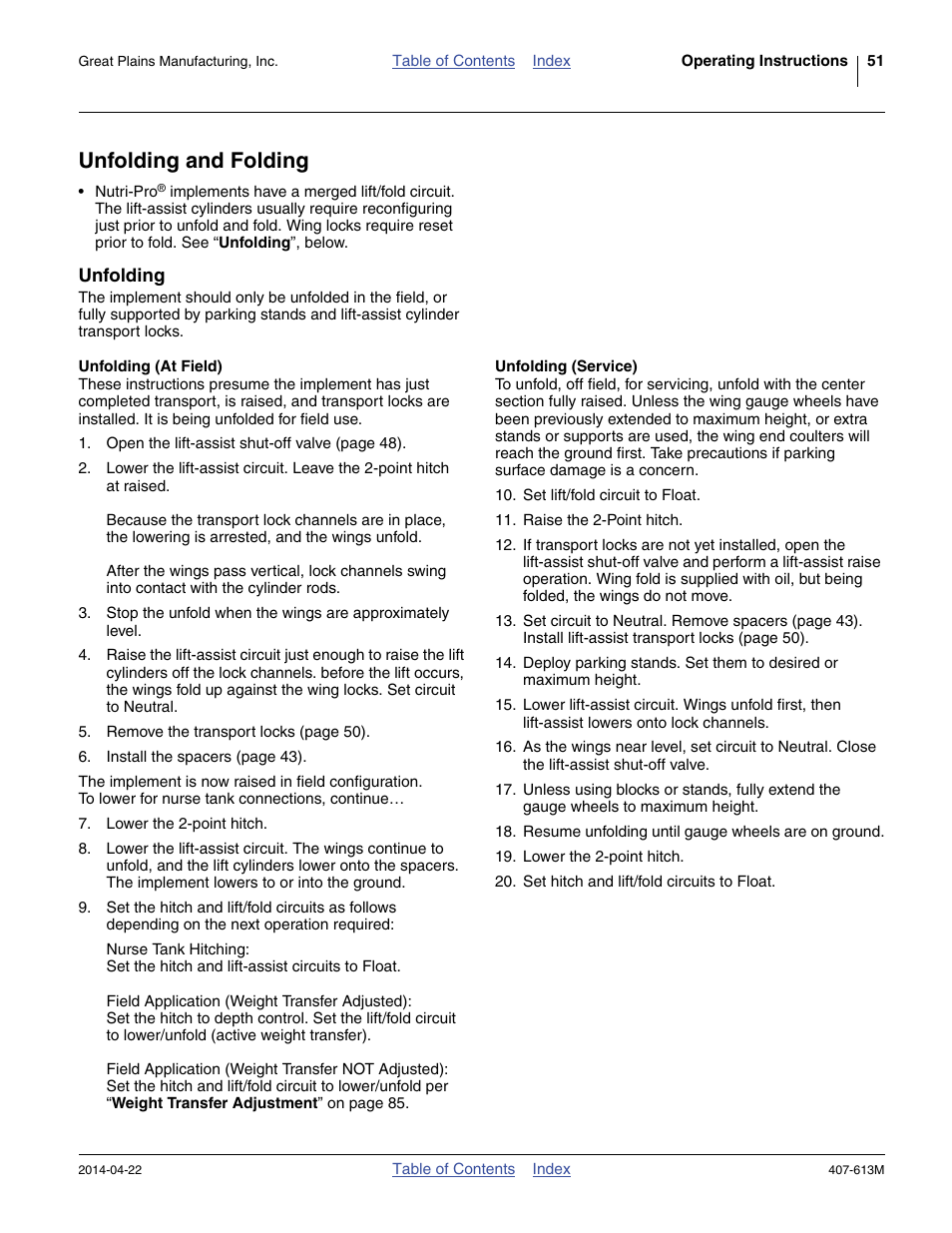 Unfolding and folding, Unfolding, Unfolding (at field) | Unfolding (service), Unfolding (at field) unfolding (service) | Great Plains NP3000A Operator Manual User Manual | Page 55 / 188