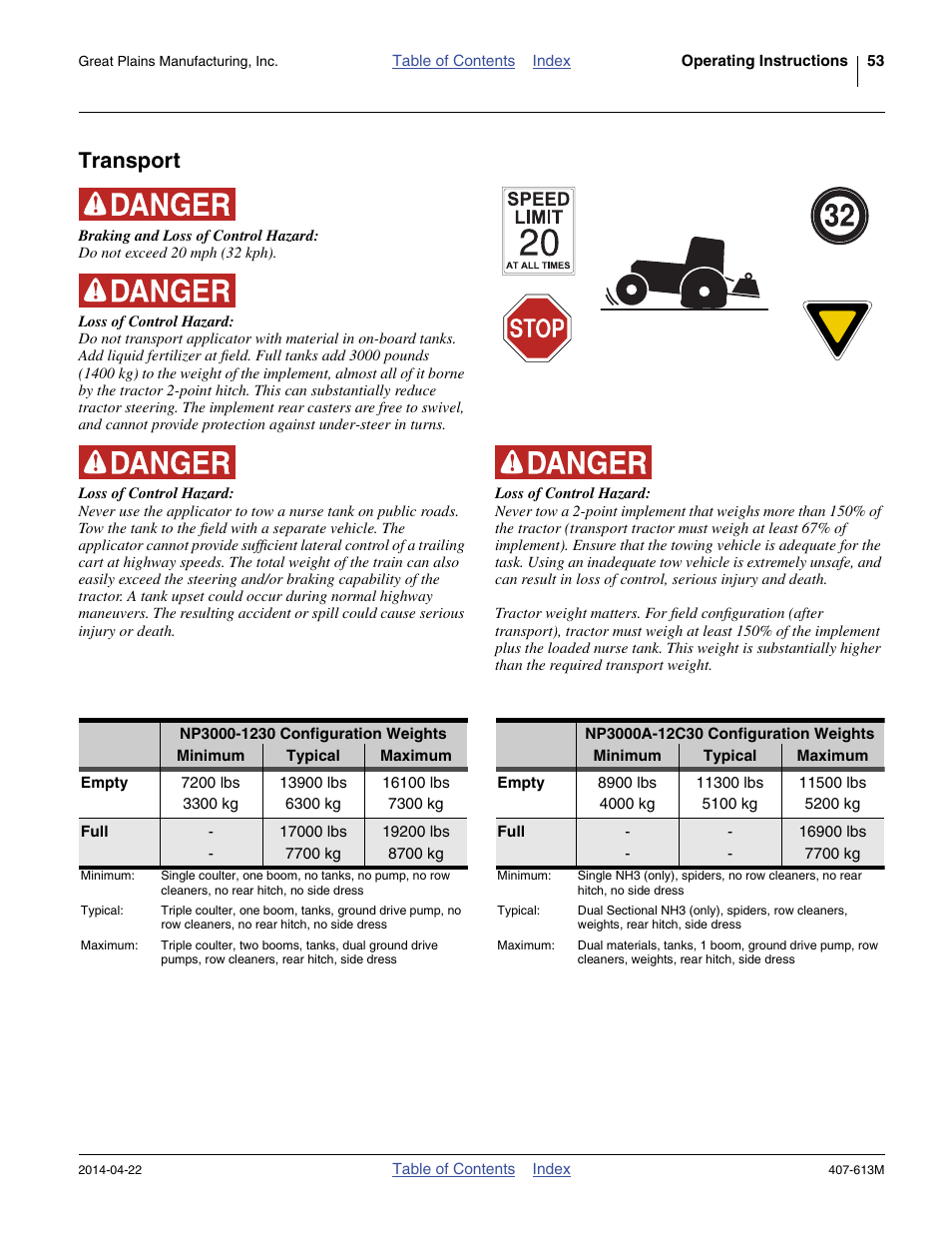 Transport, Np3000-1230 configuration weights, Np3000a-12c30 configuration weights | Great Plains NP3000A Operator Manual User Manual | Page 57 / 188