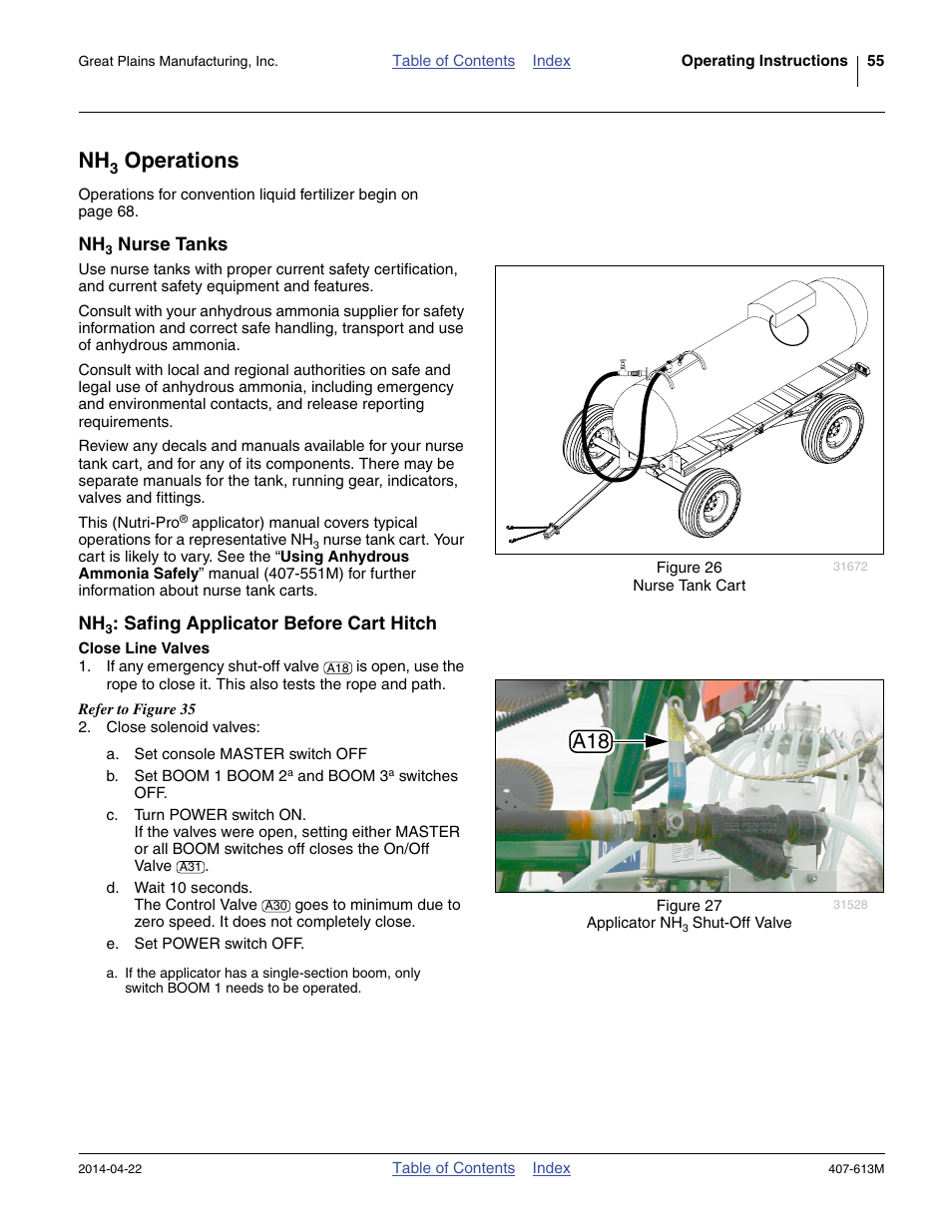 Nh3 operations, Nh3 nurse tanks, Nh3: safing applicator before cart hitch | Close line valves, Operations | Great Plains NP3000A Operator Manual User Manual | Page 59 / 188