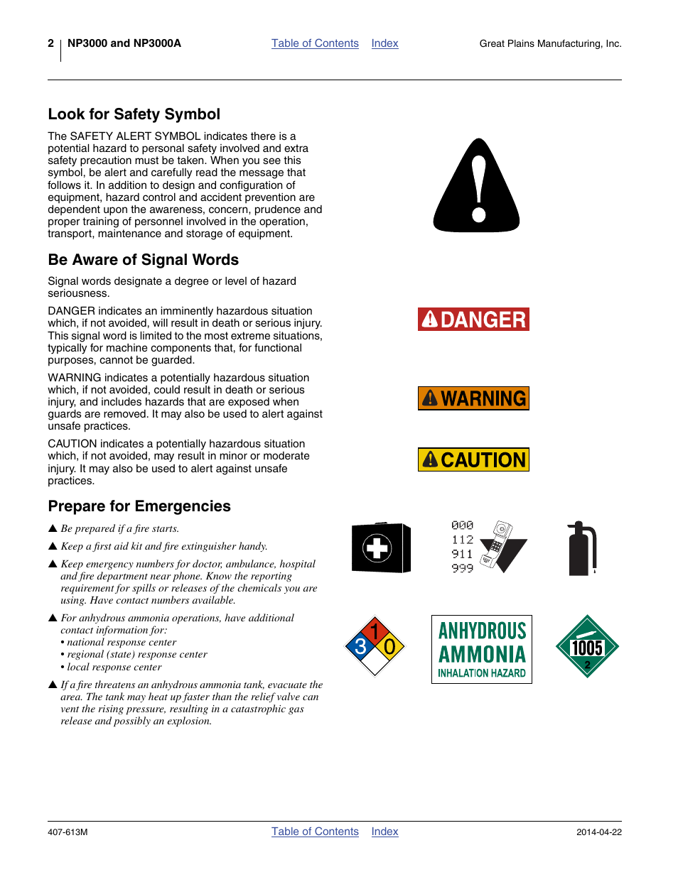 Look for safety symbol, Be aware of signal words, Prepare for emergencies | Great Plains NP3000A Operator Manual User Manual | Page 6 / 188