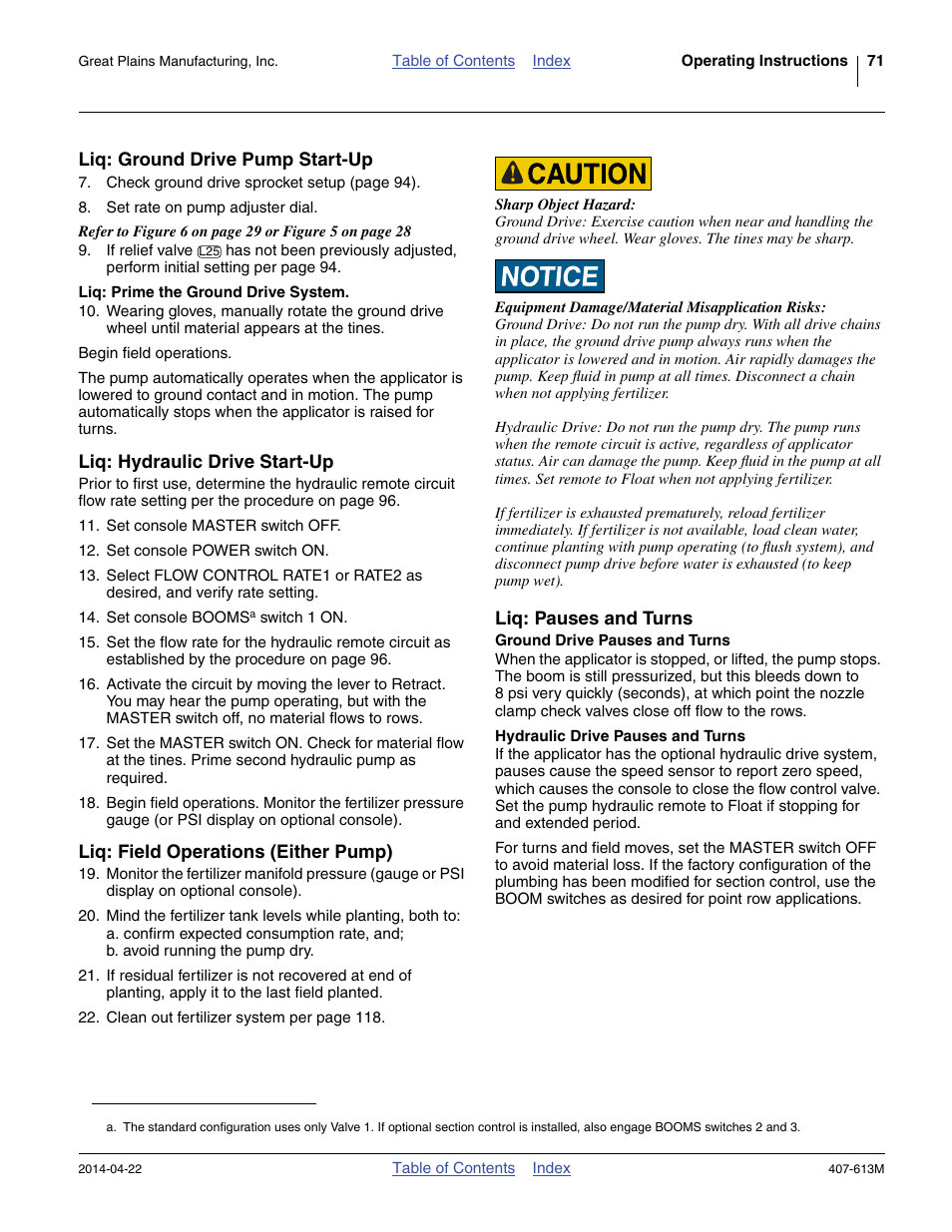 Liq: ground drive pump start-up, Liq: prime the ground drive system, Liq: hydraulic drive start-up | Liq: field operations (either pump), Liq: pauses and turns, Ground drive pauses and turns, Hydraulic drive pauses and turns | Great Plains NP3000A Operator Manual User Manual | Page 75 / 188