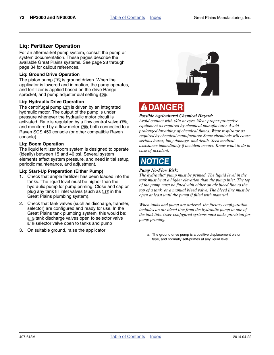 Liq: fertilizer operation, Liq: ground drive operation, Liq: hydraulic drive operation | Liq: boom operation, Liq: start-up preparation (either pump) | Great Plains NP3000A Operator Manual User Manual | Page 76 / 188