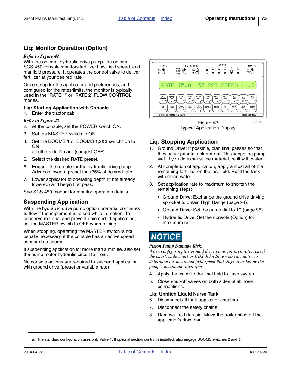 Liq: monitor operation (option), Liq: starting application with console, Suspending application | Liq: stopping application, Liq: unhitch liquid nurse tank | Great Plains NP3000A Operator Manual User Manual | Page 77 / 188