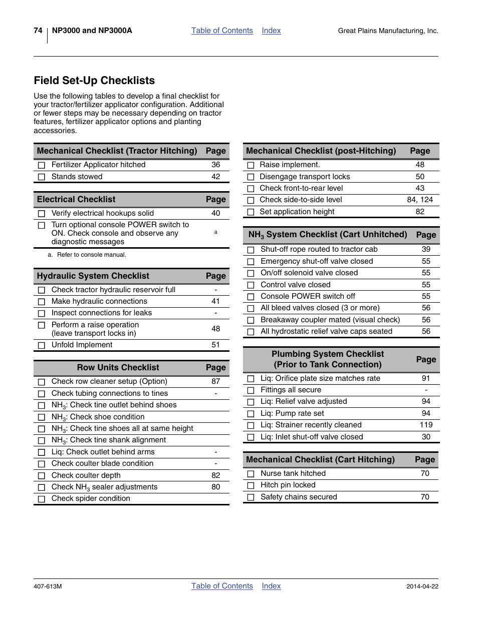 Field set-up checklists | Great Plains NP3000A Operator Manual User Manual | Page 78 / 188
