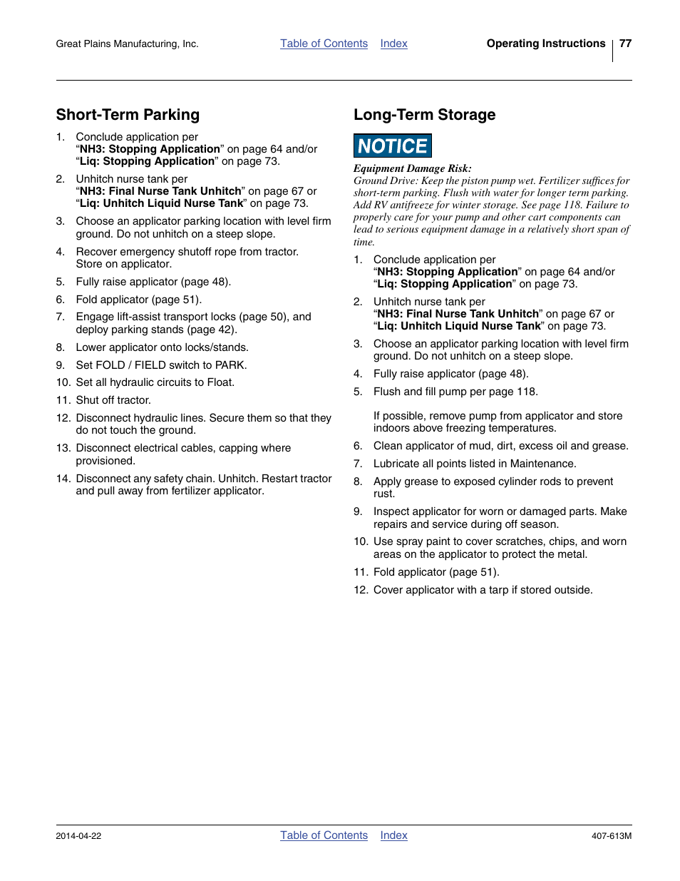 Short-term parking, Long-term storage, Short-term parking long-term storage | Great Plains NP3000A Operator Manual User Manual | Page 81 / 188