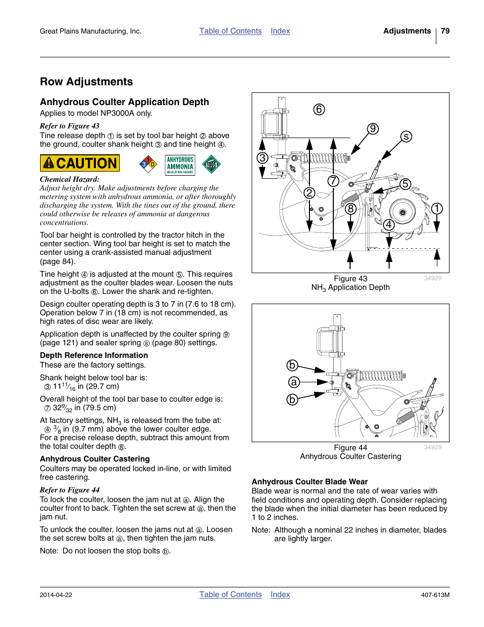 Row adjustments, Anhydrous coulter application depth, Anhydrous coulter blade wear | Depth reference information, Anhydrous coulter castering | Great Plains NP3000A Operator Manual User Manual | Page 83 / 188