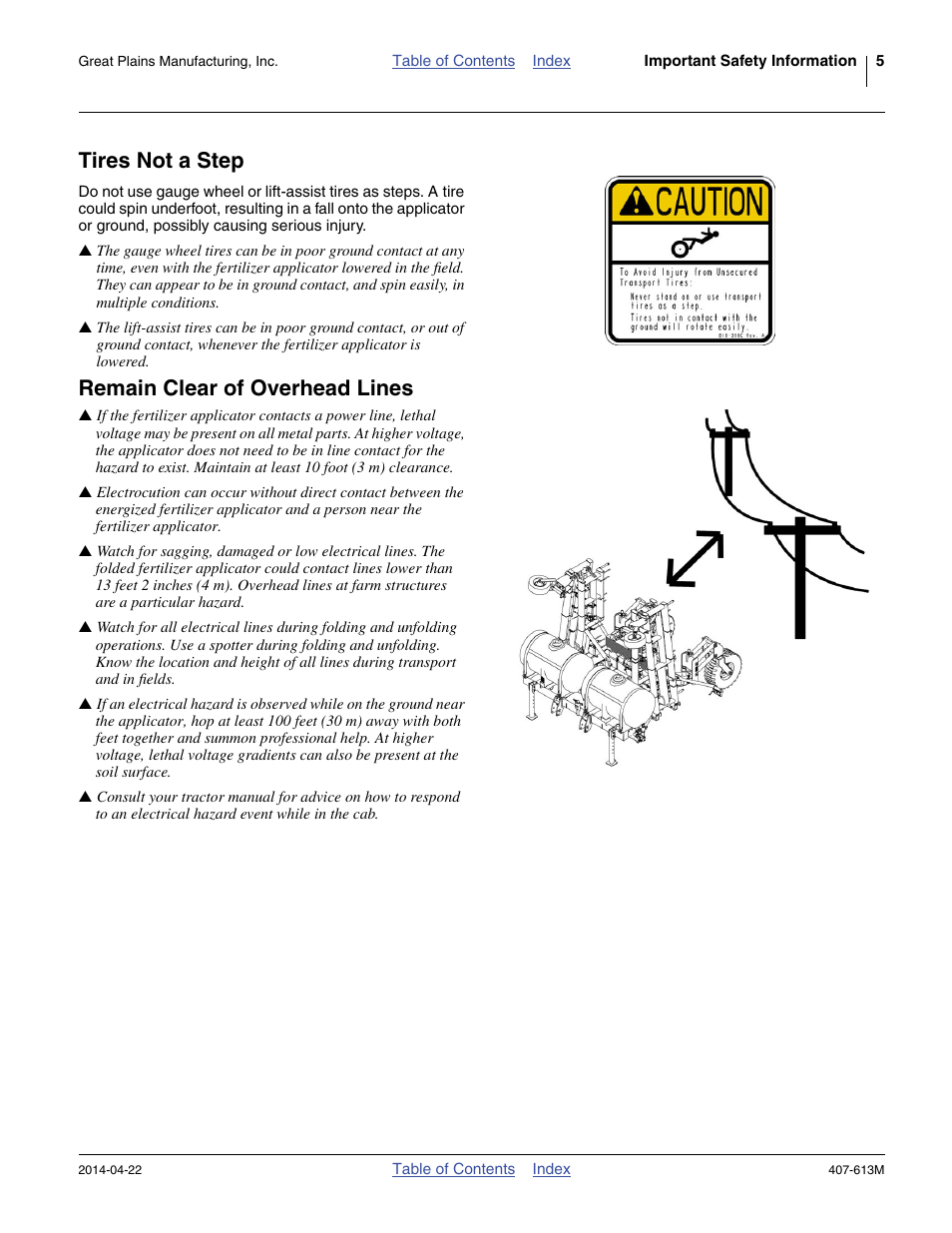 Tires not a step, Remain clear of overhead lines | Great Plains NP3000A Operator Manual User Manual | Page 9 / 188
