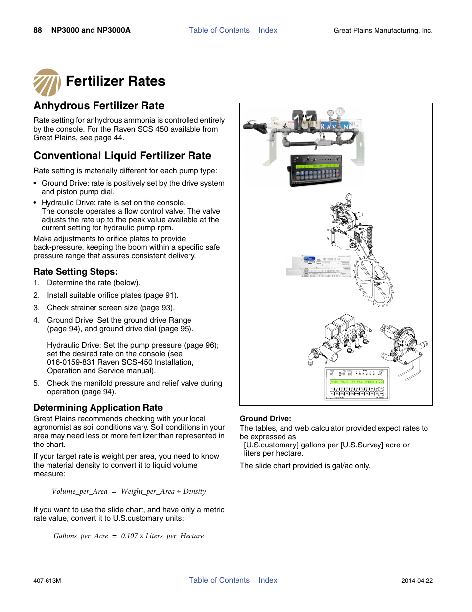 Fertilizer rates, Anhydrous fertilizer rate, Conventional liquid fertilizer rate | Rate setting steps, Determining application rate, Ground drive, Rate setting steps: determining application rate | Great Plains NP3000A Operator Manual User Manual | Page 92 / 188