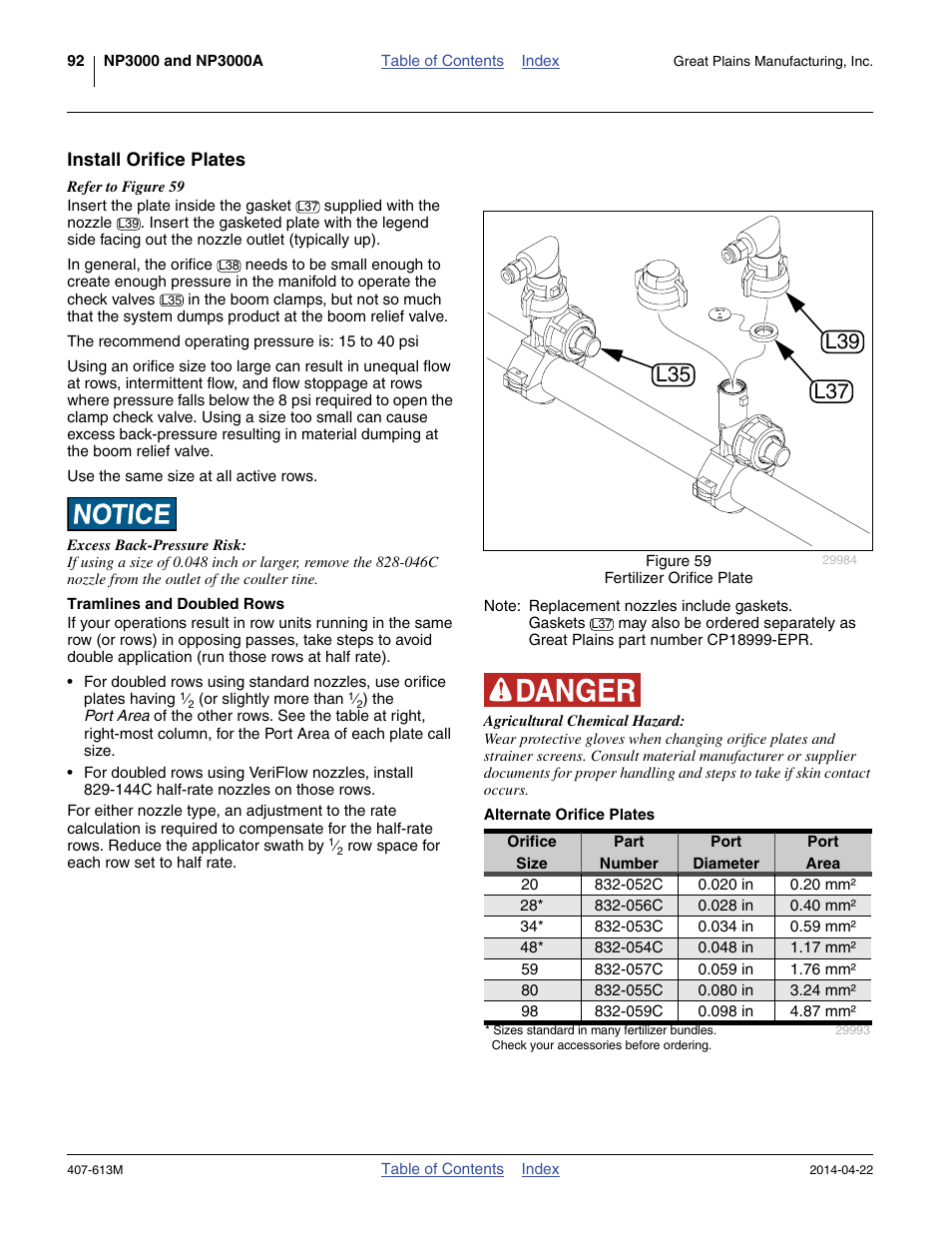 Install orifice plates, Alternate orifice plates, Tramlines and doubled rows | Great Plains NP3000A Operator Manual User Manual | Page 96 / 188