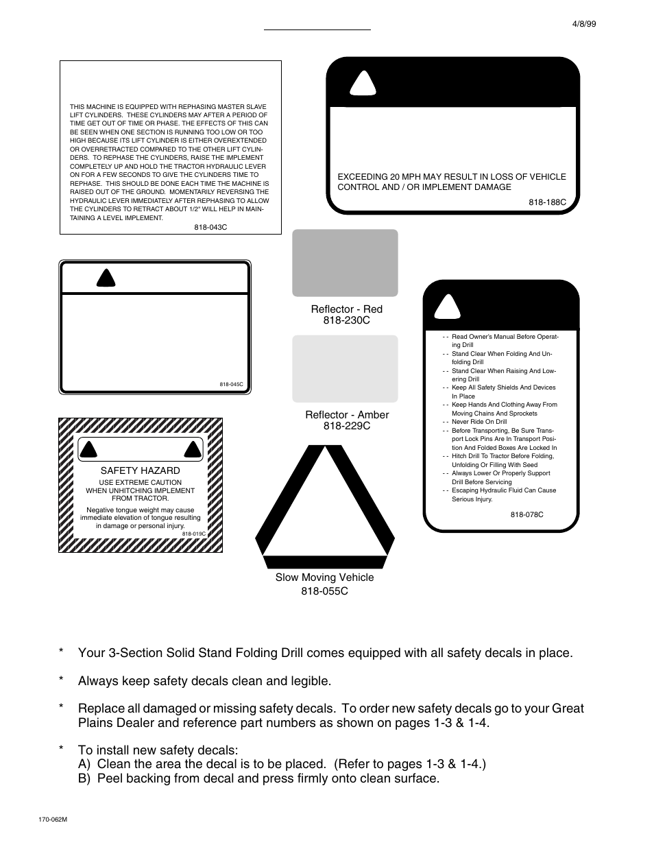 Warning, Caution, 20 mph max. transport speed | Great Plains 3SF45 Operator Manual User Manual | Page 8 / 46