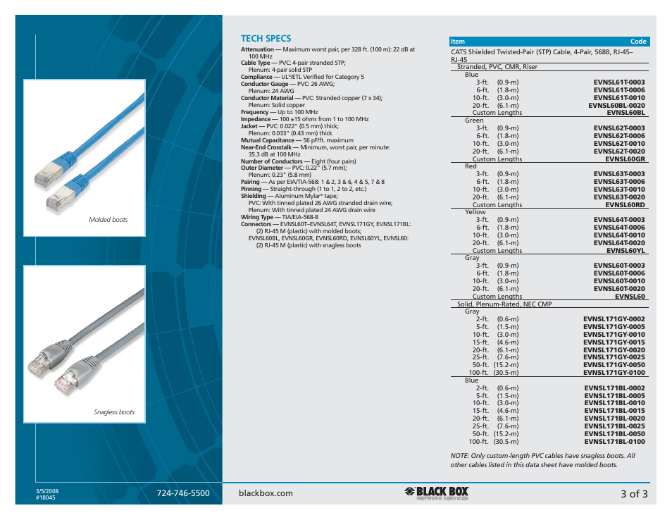 3 of 3, Tech specs | Black Box CAT5 Shielded Twisted Pair (STP) Patch Cable User Manual | Page 3 / 3