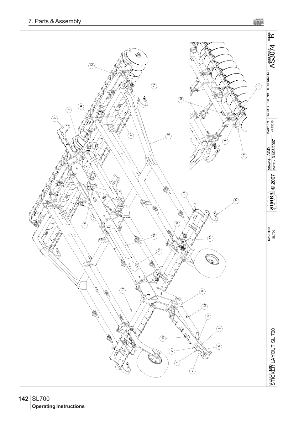Bas 3074, Sl700, 142 7. parts & assembly | Great Plains SL700 Assembly Instructions User Manual | Page 106 / 114