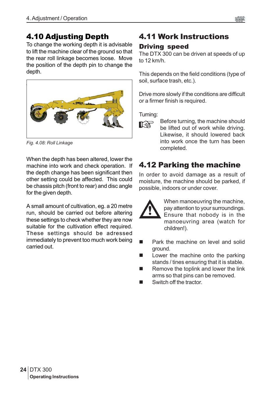 10 adjusting depth, 11 work instructions, 12 parking the machine | Great Plains DTX300 P16315 User Manual | Page 24 / 34