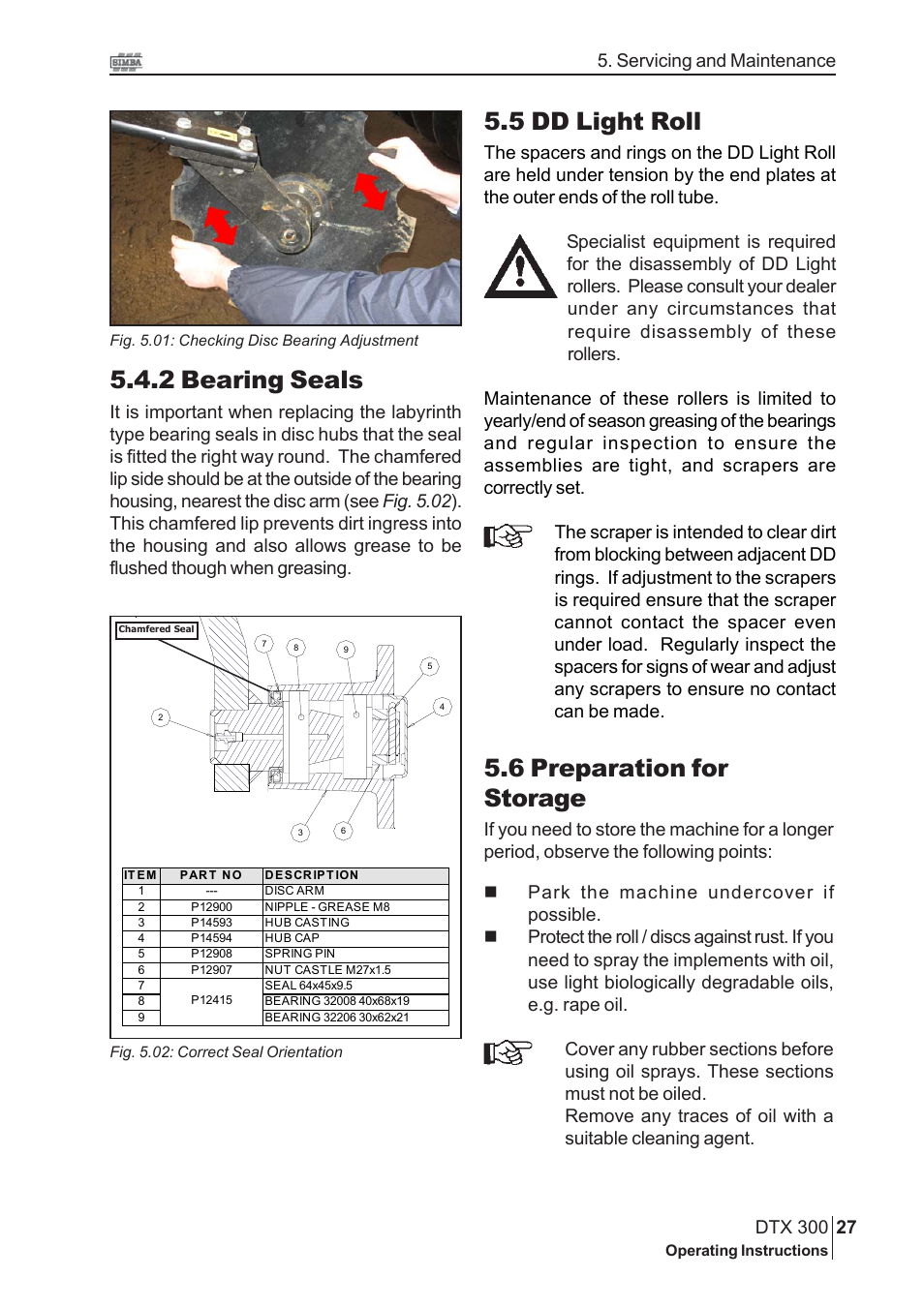 5 dd light roll, 2 bearing seals, 6 preparation for storage | Servicing and maintenance | Great Plains DTX300 P16315 User Manual | Page 27 / 34