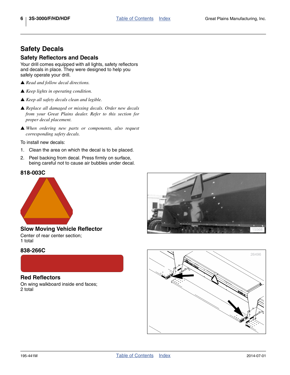 Safety decals, Safety reflectors and decals, 003c slow moving vehicle reflector | 266c red reflectors | Great Plains 3S-3000HDF Operator Manual v1 User Manual | Page 10 / 120