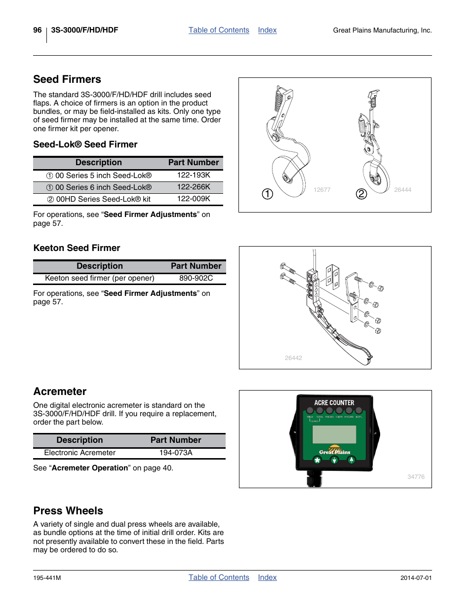 Seed firmers, Seed-lok® seed firmer, Keeton seed firmer | Acremeter, Press wheels, Seed-lok® seed firmer keeton seed firmer, Acremeter press wheels | Great Plains 3S-3000HDF Operator Manual v1 User Manual | Page 100 / 120