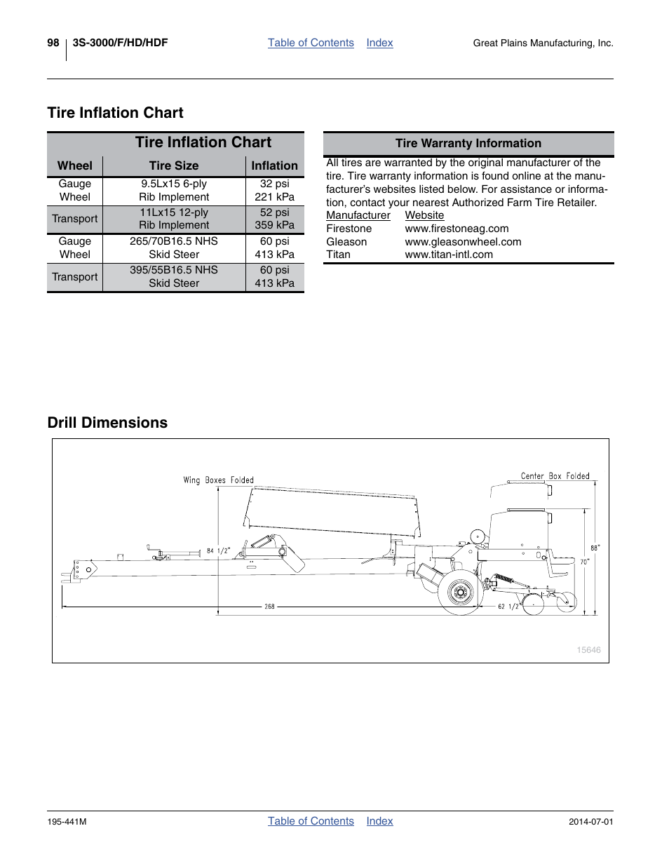 Tire inflation chart, Drill dimensions, Tire inflation chart drill dimensions | Great Plains 3S-3000HDF Operator Manual v1 User Manual | Page 102 / 120