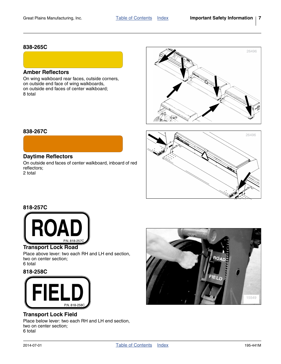 265c amber reflectors, 267c daytime reflectors, 257c transport lock road | Transport lock field, Road, Field | Great Plains 3S-3000HDF Operator Manual v1 User Manual | Page 11 / 120