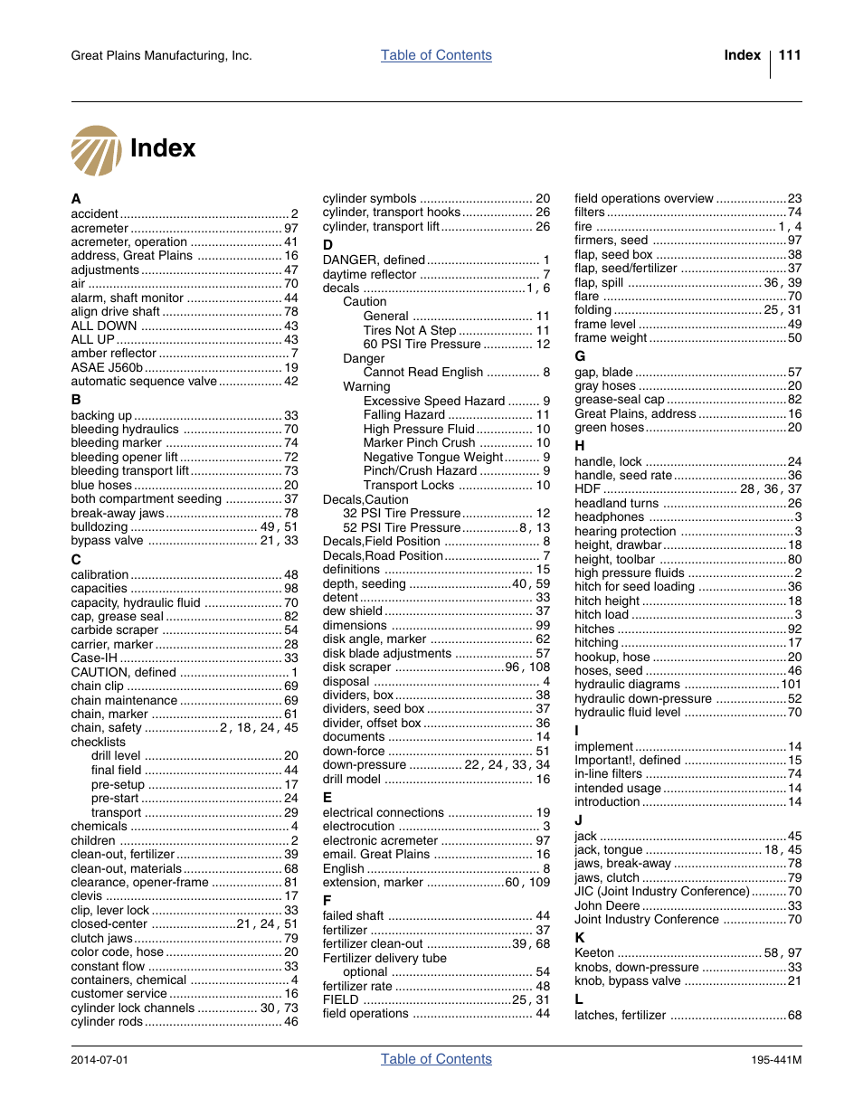 Index | Great Plains 3S-3000HDF Operator Manual v1 User Manual | Page 115 / 120