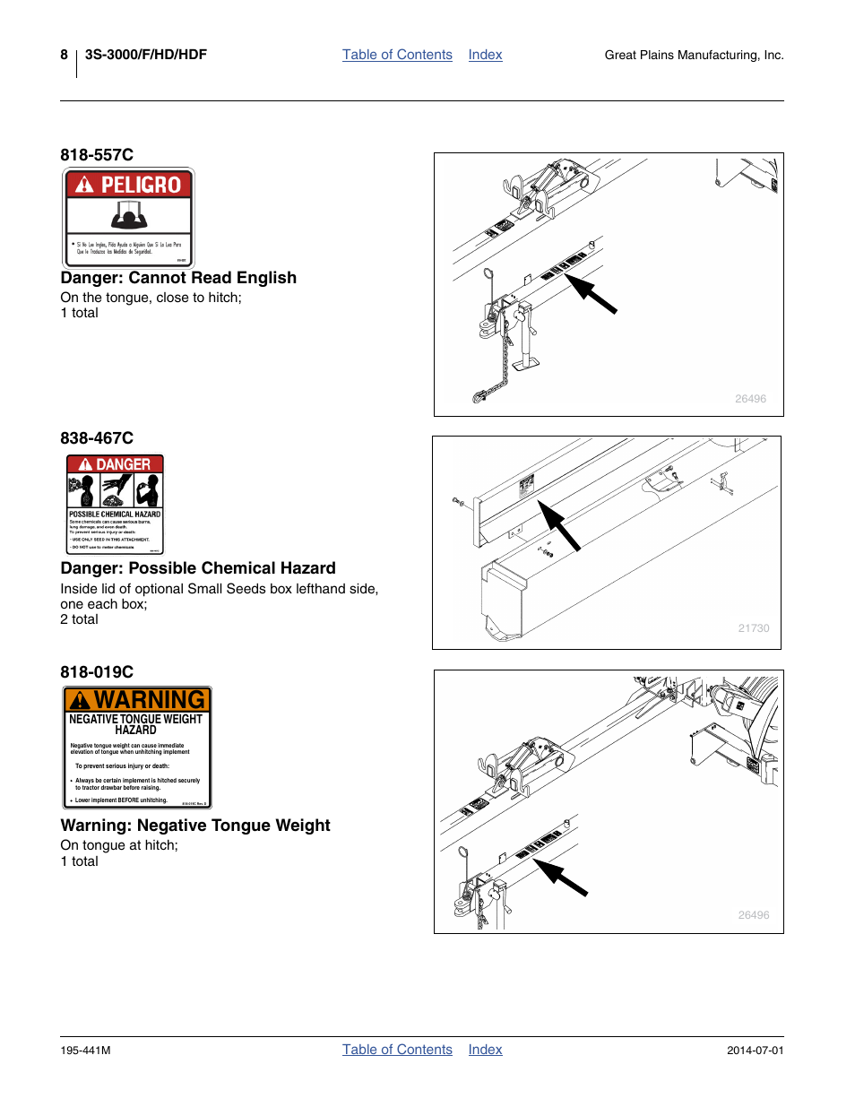 557c danger: cannot read english, 467c danger: possible chemical hazard, 019c warning: negative tongue weight | Warning | Great Plains 3S-3000HDF Operator Manual v1 User Manual | Page 12 / 120