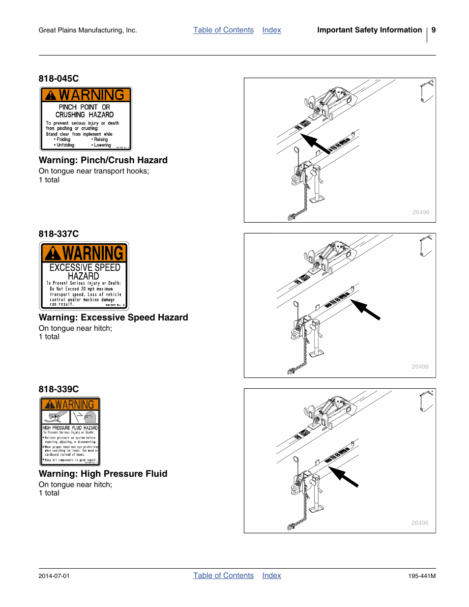 045c warning: pinch/crush hazard, 337c warning: excessive speed hazard, 339c warning: high pressure fluid | Great Plains 3S-3000HDF Operator Manual v1 User Manual | Page 13 / 120
