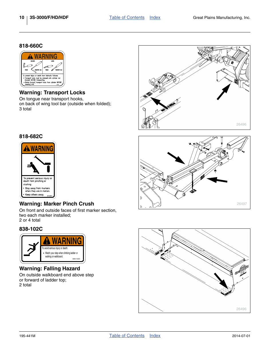 660c warning: transport locks, 682c warning: marker pinch crush, 102c warning: falling hazard | Warning | Great Plains 3S-3000HDF Operator Manual v1 User Manual | Page 14 / 120
