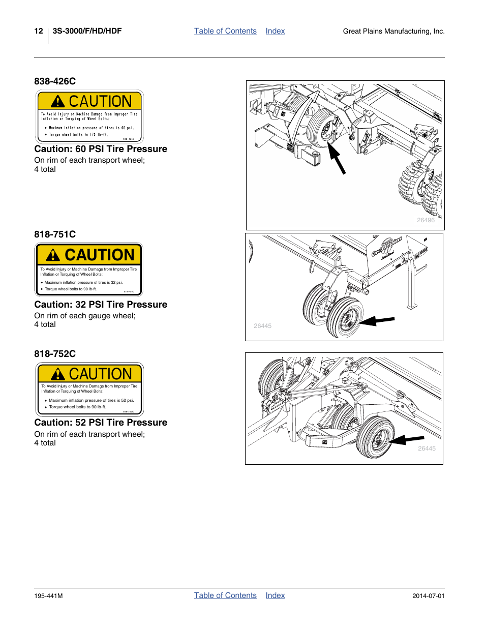 426c caution: 60 psi tire pressure, 751c caution: 32 psi tire pressure, 752c caution: 52 psi tire pressure | Caution | Great Plains 3S-3000HDF Operator Manual v1 User Manual | Page 16 / 120