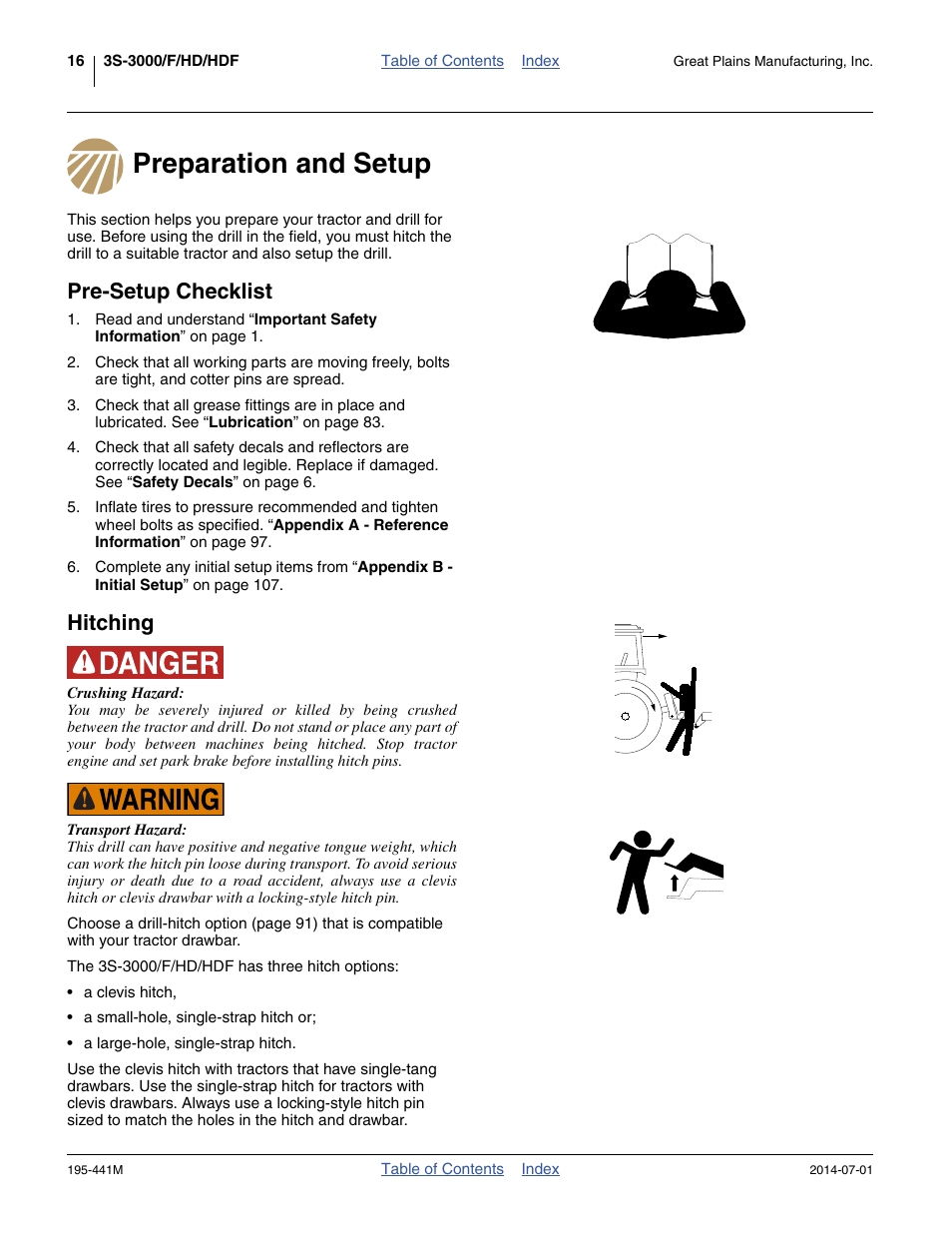 Preparation and setup, Pre-setup checklist, Hitching | Preparation and setup pre-setup checklist hitching, End of preparation and setup | Great Plains 3S-3000HDF Operator Manual v1 User Manual | Page 20 / 120