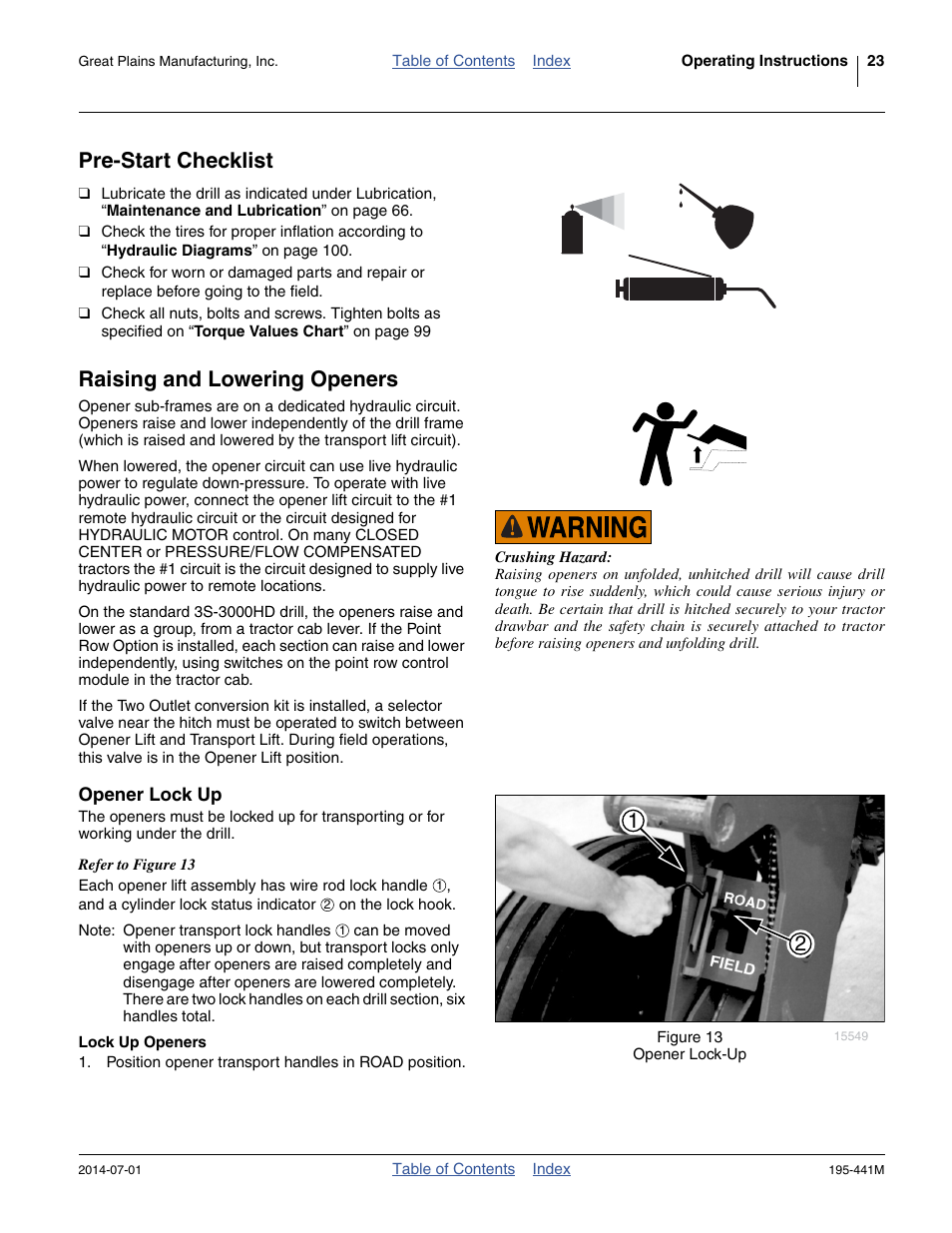Pre-start checklist, Raising and lowering openers, Opener lock up | Lock up openers, Pre-start checklist raising and lowering openers | Great Plains 3S-3000HDF Operator Manual v1 User Manual | Page 27 / 120