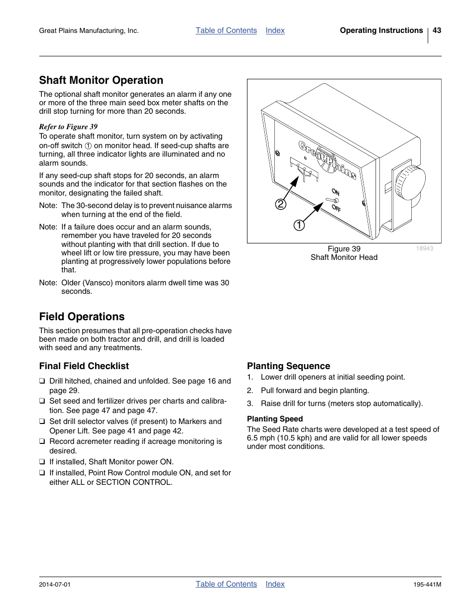 Shaft monitor operation, Field operations, Final field checklist | Planting sequence, Planting speed, Shaft monitor operation field operations, Final field checklist planting sequence | Great Plains 3S-3000HDF Operator Manual v1 User Manual | Page 47 / 120